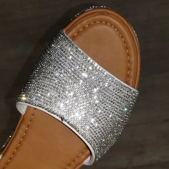 New White Rhinestone Ankle Strap Flat Sandals - Picture 3 of 4